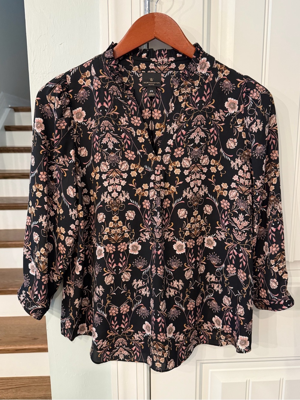 Worthington Petite Floral Blouse PS Black Pink Boho Peasant Career Top